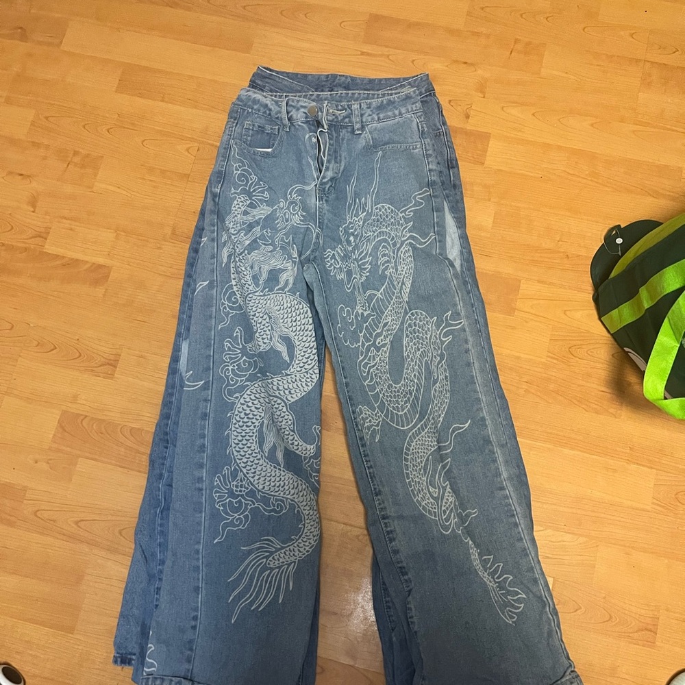 Dragon Embroidered Blue Jeans